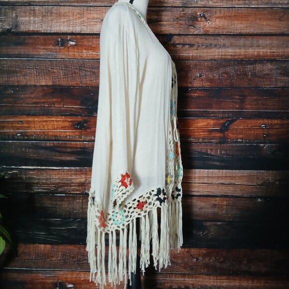 Anthropologie Kindred Top 1X Crochet Fringe Cardigan Boho Hippie Tie Front - Picture 7 of 9